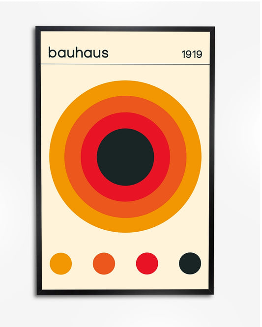 Minimalistische Bauhaus Poster - Oranje, Rood en Zwarte Cirkel Design