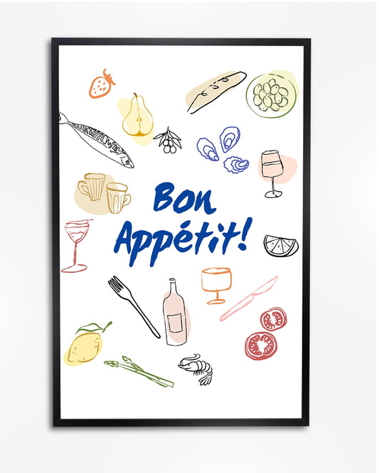 Cute SANYON French Restaurant Illustration with Oysters, Fish & Wine – Soft Pastel Doodle Style