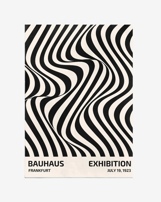 Bauhaus-tentoonstellingsposter – minimalistisch zwart-wit ontwerp op beige