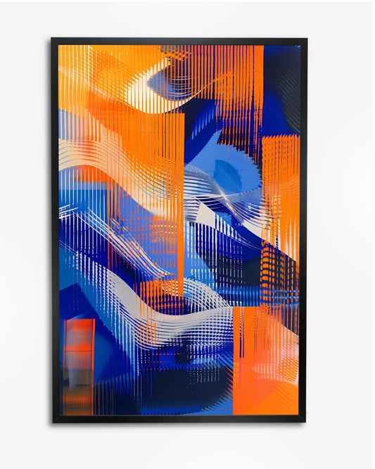 Poster - Abstracte compositie - Blauw, oranje en wit - Op-art