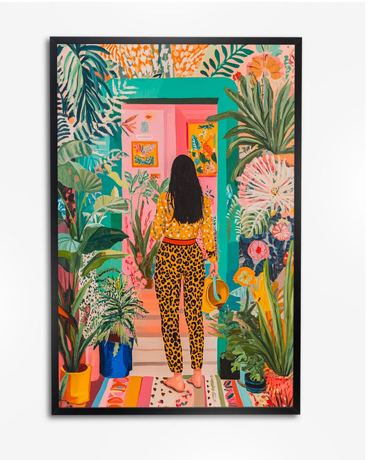 Kunstposter - Meisje met Luipaardprint en Planten in Jungle Stijl