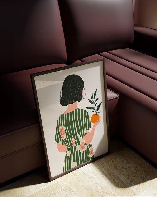 Minimalistische Kunstposter - Meisje met Oranje Vrucht en Bloemenjurk