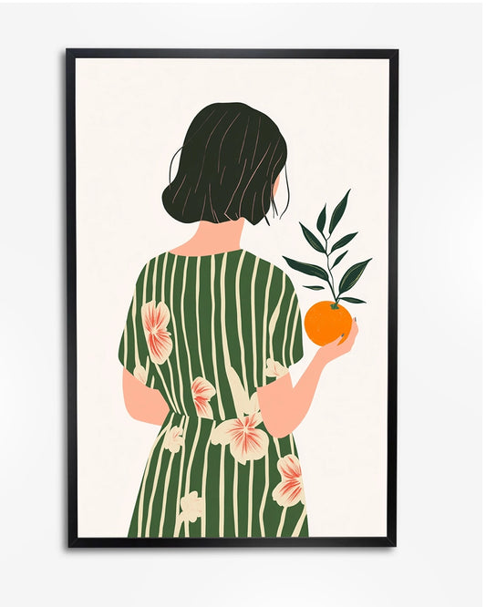 Minimalistische Kunstposter - Meisje met Oranje Vrucht en Bloemenjurk