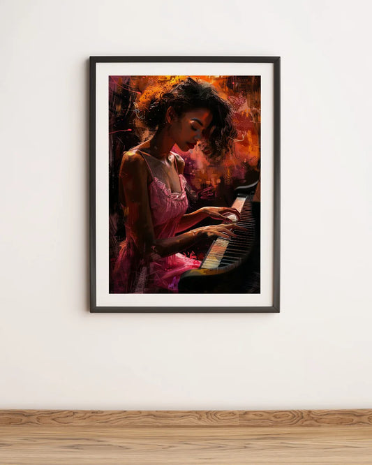 Donkere vrouw op piano - Abstract - Olieverf - Roze