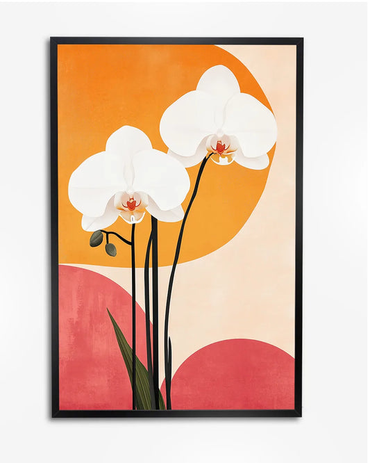 Poster - Minimalistische Illustratie - Twee Witte Orchideeën - Oranje en Roze Achtergrond - Zonnestralen