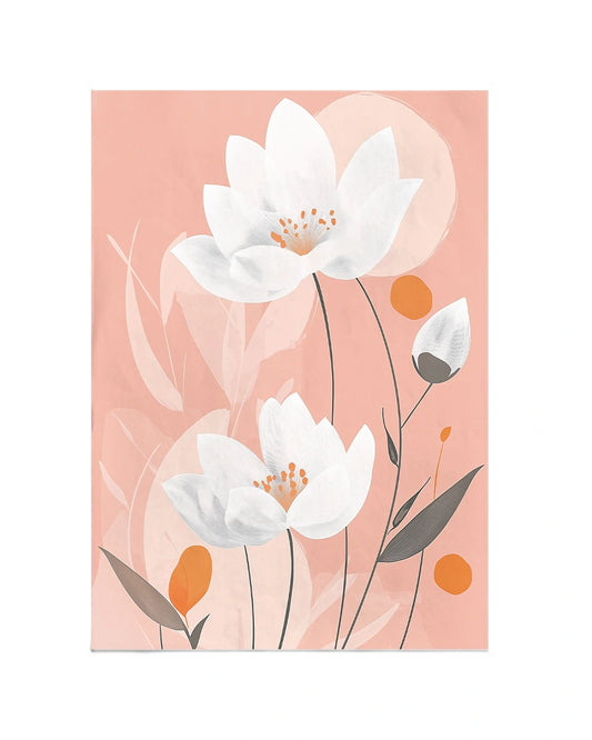 Poster - Vectorgrafisch Ontwerp - Bloemsierkunst - Witte Lotusbloemen - Oranje Accenten