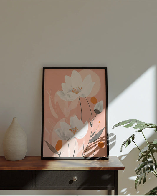 Poster - Vectorgrafisch Ontwerp - Bloemsierkunst - Witte Lotusbloemen - Oranje Accenten