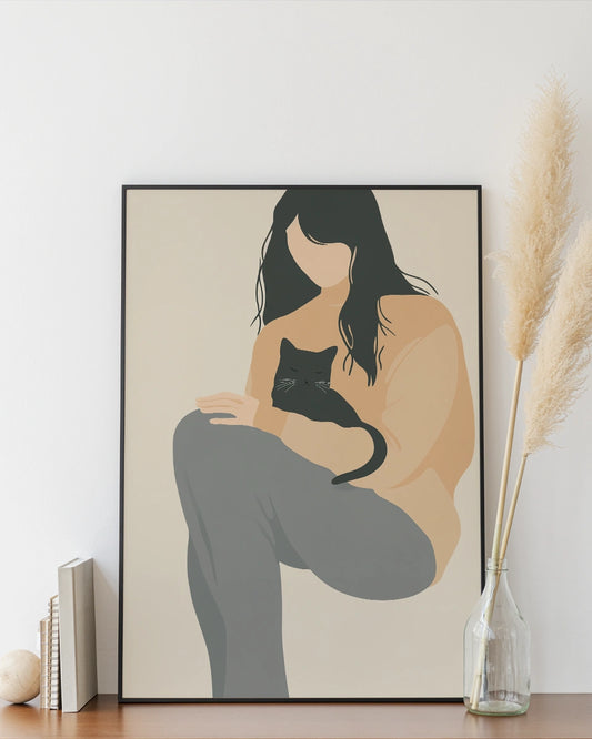 Poster - Vrouw en kat - Beige - Minimal