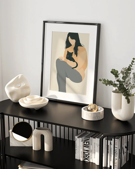 Poster - Vrouw en kat - Beige - Minimal