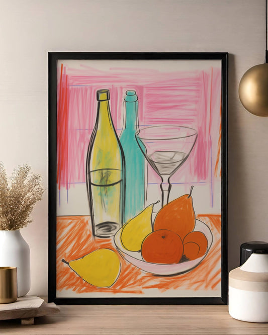 Matisse-stijl Wijnfles en Martini Glas in Pastelkleuren - Minimalistische Tekening