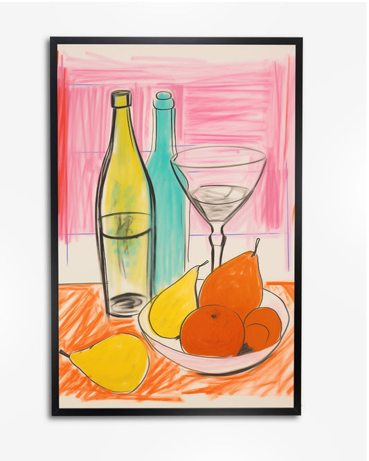 Matisse-stijl Wijnfles en Martini Glas in Pastelkleuren - Minimalistische Tekening