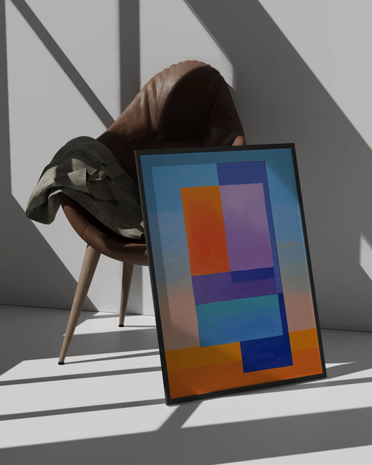 Minimalistische Kunstposter - Geometrische Compositie met Blauwe en Oranje Vierkanten