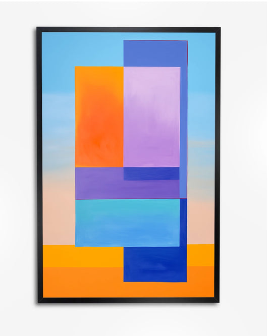 Minimalistische Kunstposter - Geometrische Compositie met Blauwe en Oranje Vierkanten