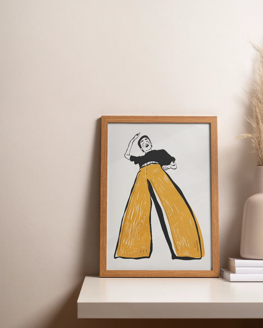 Minimalistische Illustratie van Vrouw in Wijde Pijpen Broek - Grafisch Ontwerp