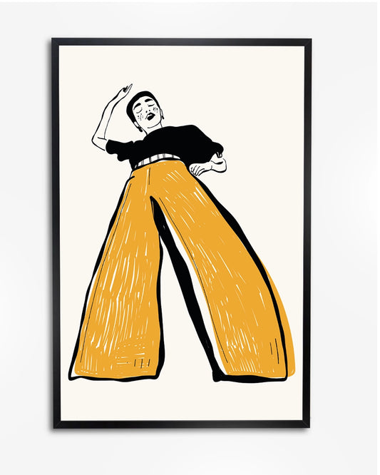 Minimalistische Illustratie van Vrouw in Wijde Pijpen Broek - Grafisch Ontwerp