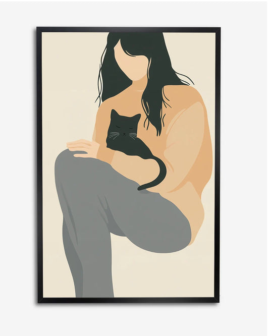 Poster - Vrouw en kat - Beige - Minimal