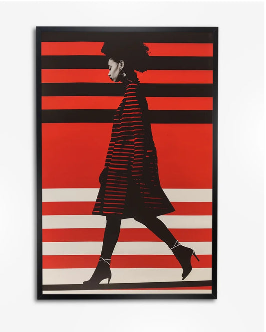 Poster - Vrouw loopt over straat - Op-art - Rood en zwart