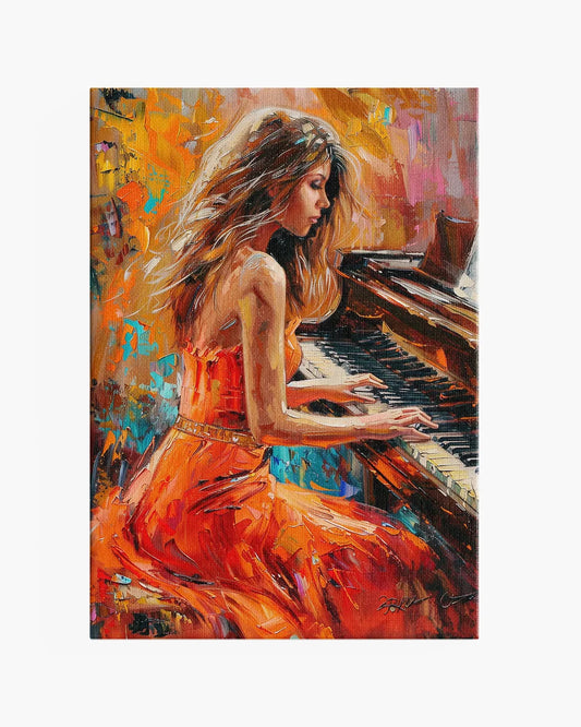 Vrouw op piano - Abstract - Olieverf - Oranje