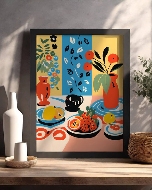 Stilleven Matisse Poster – Retro, kleurrijke gouache schildering met fruit en bloemen op tafel