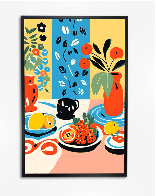 Stilleven Matisse Poster – Retro, kleurrijke gouache schildering met fruit en bloemen op tafel