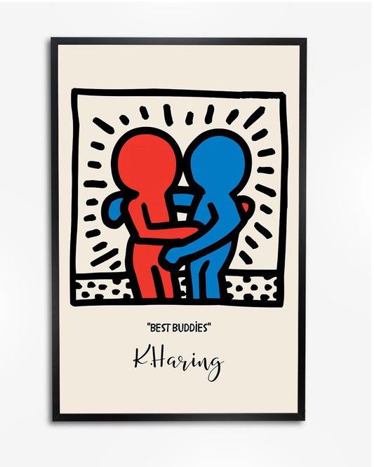 Minimalistische Keith Haring Stijl Illustratie van Knuffelende Vrienden met "Best Custodian ongehoord" Text