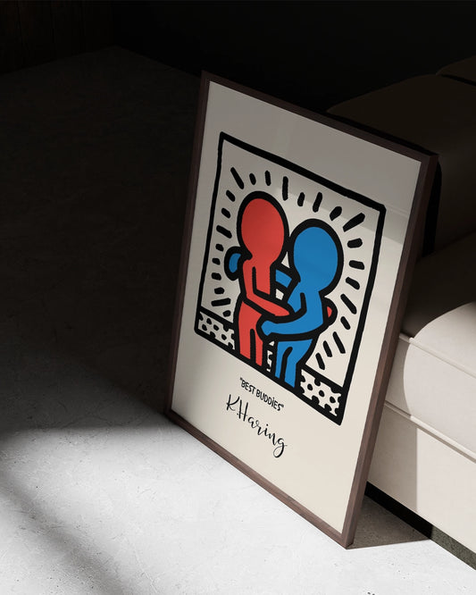 Minimalistische Keith Haring Stijl Illustratie van Knuffelende Vrienden met "Best Custodian ongehoord" Text