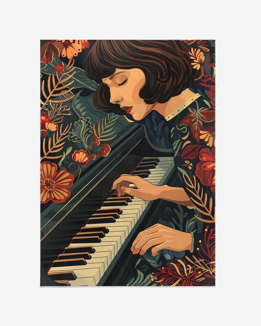 Vrouw achter piano - Retro - Illustratie