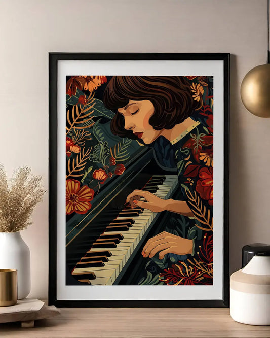 Vrouw achter piano - Retro - Illustratie