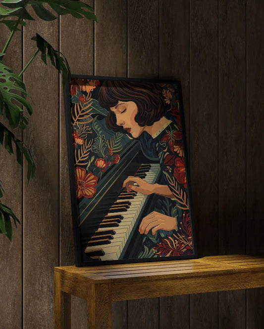 Poster - Vrouw achter piano - Retro - Illustratie