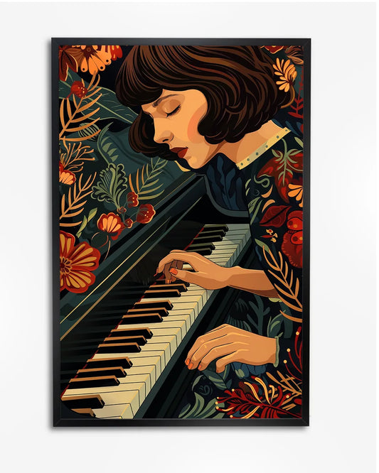 Poster - Vrouw achter piano - Retro - Illustratie